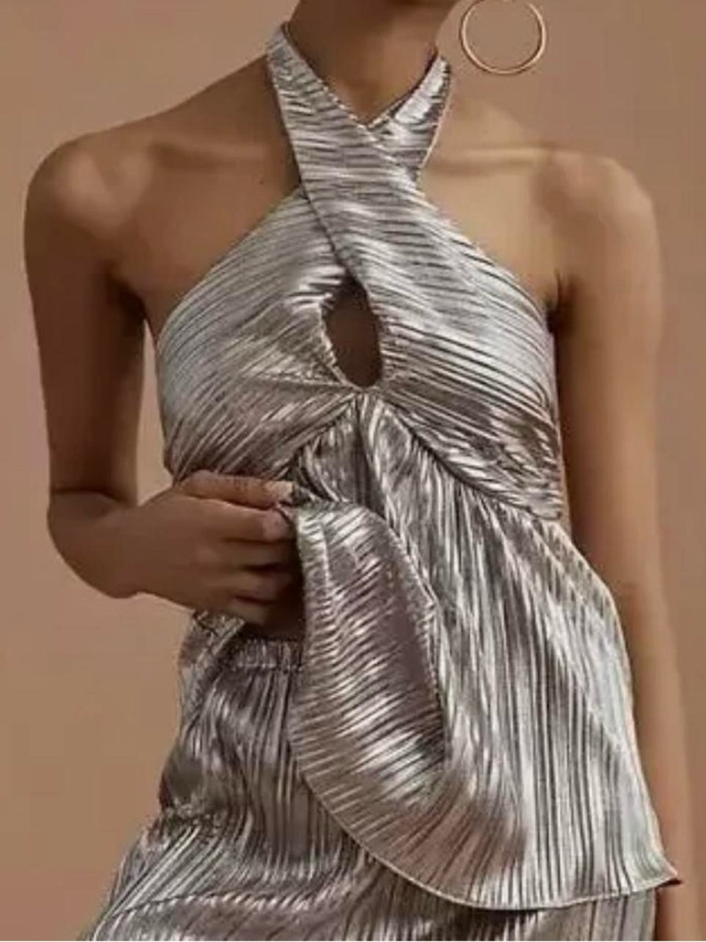 Anthropologie Silver Metallic Pleated Halter Tank